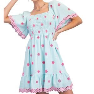 Easel Embroidered Smocked Tie Back Cotton Blue Ruffle Dress Small A Line Boho